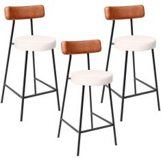 Kit 03 Banquetas Baixa Cozinha Sala Jantar Milão L02 Couríssimo Camel Linho Cru