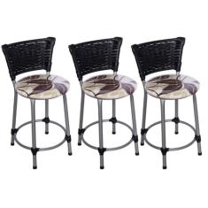 Kit 3 Banquetas Baixas Prata com Encosto Junco Preto Assento Floral Ma