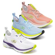 3 Tênis Feminino Vili Para Caminhada Academia Treino, Branco uva azul 