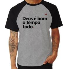 Camiseta Raglan Deus é bom o tempo todo - Foca na Moda, Cinza, Preto, 
