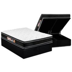 Cama Box Baú Queen: Colchão Espuma D33 Castor Black E White Air Euro Pillow + Base Black(158X198)