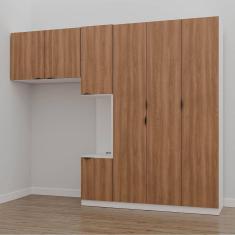 Guarda Roupa Modulado de Solteiro com Mesa de Cabeceira Direita 7 Portas 3 Peças Hera Cabecasa Madei Branco Geada/Louro/Preto