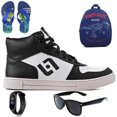 Tenis Infantil Meninos Botinha Cano Alto Escolar Casual Basico + Mochila Chinelo Oculos Relogio