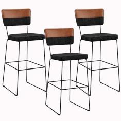 Kit 03 Banquetas Altas Sala Jantar Allana L02 Faixa Couríssimo Camel Linho Chumbo - Lyam Decor