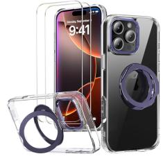 Capa para iPhone 16 Pro Max com suporte invisível, compatível com MagSafe [não amarelo] com 2 películas protetoras de tela, proteção de nível militar, capa transparente para iPhone 16 Pro Max de 6,9