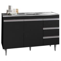 Balcão Gabinete Com Pia Inox 120Cm 2 Portas 3 Gavetas Andréia Preto Total - Ajl Móveis