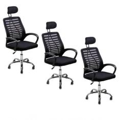 Kit 3 Cadeiras Escritório Diretor Tela Mesh Encosto De Cabeça Preto - 