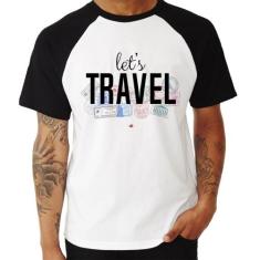 Camiseta Raglan Let's Travel - Foca na Moda, Branco, Preto, P