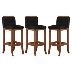 Kit 3 Banquetas Média Encosto Estofado 38x92 Cm Turim Madeira Maciça C