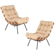 Kit 2 Poltrona Decorativa Sala de Estar Costela Couro Bege - Gran Belo