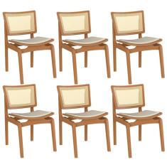 Kit 06 Cadeiras Decorativas Sala de Jantar Madeira Champagne Ravi Linho Bege - Gran Belo