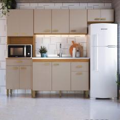 Cozinha Modulada Compacta Fidelitá Mariana 4 Peças 240cm 12 Portas 2 Gavetas Sem Tampo Freijó/camurça