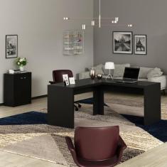Conjunto 2 Peças com Mesa para Escritório em L e Armário Multiuso Baix