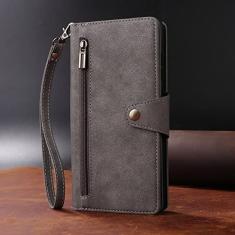 Carteira rebite fivela estojo de couro com zíper para Samsung Galaxy S23 Ultra S22 S21 Plus S20 FE S10 Plus S9 S8 Note 20 Ultra 10 Lite 9, cinza, para Galaxy Note 20 Ultra