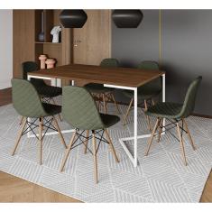 Mesa Industrial Retangular Amêndoa Base V Aço Branco 137x90cm 6 Cadeiras Madeira Estofadas Verdes