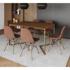 Mesa Industrial Retangular Amêndoa Base V Dourada 137x90cm C/ 6 Cadeiras Madeira Estofadas Caramelo