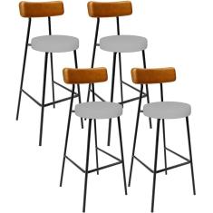 Kit 04 Banquetas Alta Bar Cozinha Sala Jantar Milão L02 Couríssimo Whisky Linho Cinza - Lyam Decor