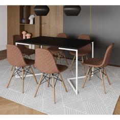 Mesa Industrial Retangular Preta Base V Aço Branco 137x90cm C/ 6 Cadeiras Madeira Estofadas Caramelo
