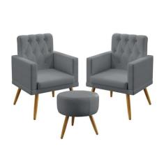 Kit 2 Poltronas Decorativas Nina e Puff Solar Com Rodapé E Botões Capi