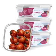 KIT 4 Potes de Vidro Quadrado com Tampa Hermética 800ml Cor:Branco (QH)