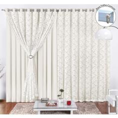 Cortina Yasmin 4,00M X 2,50M Palha Trilho Comum Tecido Malha Com Renda Floral