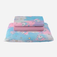 Jogo De Cama Lençol Fantasy Unicórnio Solteiro 03 Peças 100% Algodão Infantil Infantil - Rosa