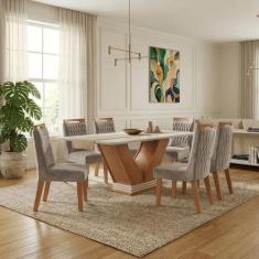 Sala de Jantar 6 Cadeiras Estofadas Atena e Mesa com Tampo MDF e Vidro