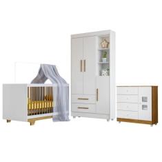 Quarto de Bebê com Berço Mini Cama, Cômoda 1 Porta 4 Gavetas e Roupeiro Flocos 3 Portas 2 Gavetas Branco/Madeirado Ypê