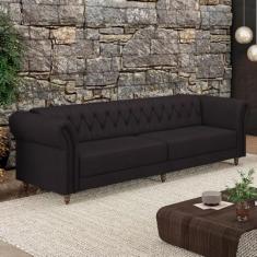 Sofá Living Sala de Estar Stanford Chesterfield 3 Lugares 260cm Pés de Madeira Couro Borgonha G58 - Gran Belo