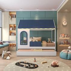 Bicama Reversível Casinha com Telhado, Led, Janela e Grade Frontal New Garden Casatema Branco/Azul