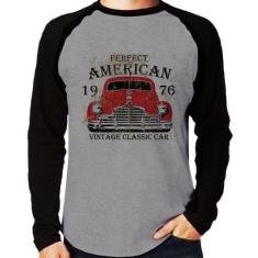 Camiseta Raglan Vintage Classic Car Manga Longa - Foca na Moda, Cinza,