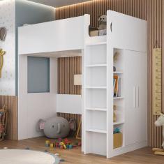 Cama Alta Infantil/Juvenil com Armário e Nichos Casatema Branco