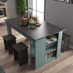 Mesa 140 Cm com 4 Banquetas e Prateleira Esmeralda Grafite /Cinza