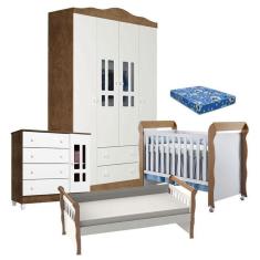 Quarto De Bebê Ariel 4 Portas Berço Mirelle Com Colchão E Cama Babá Julia Branco Acetinado Amadeirado – Carolina