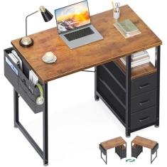 AODK Mesa de computador pequena de 81 cm com gavetas de tecido, mesa de escritório para quarto, mesa de escritório em casa com prateleira de armazenamento e bolsa para espaços pequenos, vintage