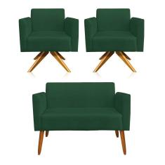 Kit 1 Namoradeira e 2 Poltronas Suede Madeira Verde