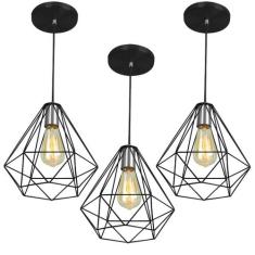 Kit 3 Pendentes Diamante Aramado Grande Preto - MarryLuz, Bivolt