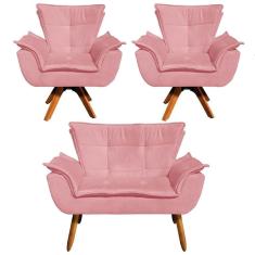 Kit Namoradeira E 2 Poltronas Base Giratória Madeira Opla Suede Rose - Ibiza