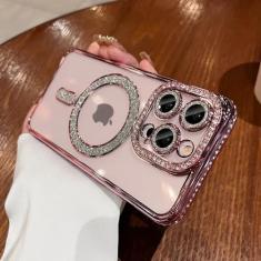 Glitter diamante claro caso de telefone para iphone 15 14 13 12 11 pro max 15 plus magnético para capa de carga sem fio, rosa, para iphone 13