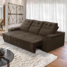 Sofá Retrátil Reclinável 3 lugares 2,10m com Porta Copos e USB Hannah Suede Marrom Adonai Estofados