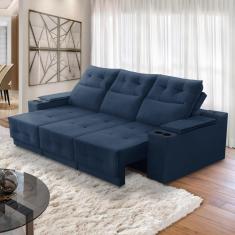 Sofá Retrátil Reclinável 3 lugares 2,30m com Porta Copos e USB Hannah Suede Azul Adonai Estofados