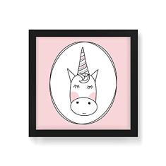 Arte Maníacos Quadro Decorativo Unicórnio Linhas Fundo Rosa - 30x30cm (Moldura em laca preta)