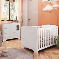 Quarto de Bebê Cômoda com Janela Retangulo e Berço Americano 100% MDF Ayla Branco Brilho