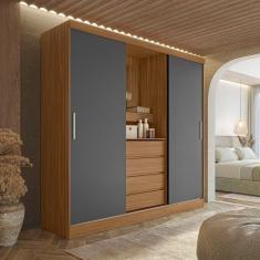 Guarda Roupa Solteiro com Espelho 2 Portas de Correr 4 Gavetas Itália Yescasa Amêndola/Grafito Prime TX