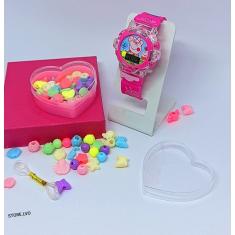 Relógio Infantil Menina Digital Pisca Luz Led Princesas Disney + Kit Miçangas para Montar Criar Pulseiras Colares Anel