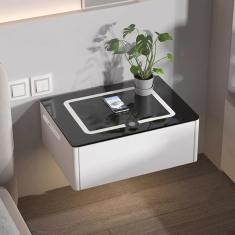 Mesa de cabeceira montada na parede para quarto, mesa de cabeceira com estação de carregamento, 1 gaveta, mesa lateral moderna branca LED, mesa de cabeceira adorneve, mesa de cabeceira fina