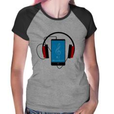 Baby Look Raglan Headphone Smartphone - Foca na Moda, Cinza, Preto, G