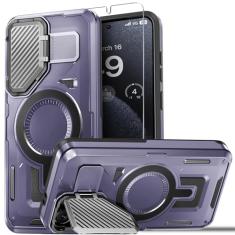 BPOASE Capa magnética para Samsung Galaxy S24 FE Capa de câmera de metal integrada com suporte, [compatível com Magsafe] Capa protetora resistente à prova de choque de grau militar com protetor de