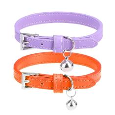 PUPTECK 2 coleiras de couro genuíno macio para gatos com sinos ajustáveis para meninas, meninos, gatos, filhotes - laranja, roxo