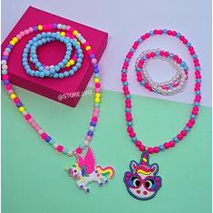 Kit Colar e Pulseiras Infantil Menina Miçangas Pérolas Coloridas Perso